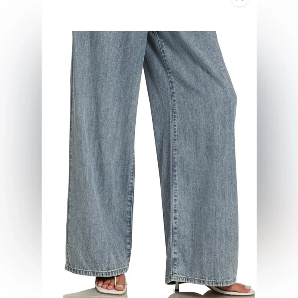 Zenana Wide Leg Denim Pants Drawstring Elastic Waist High Rise Small NWT - Picture 6 of 13